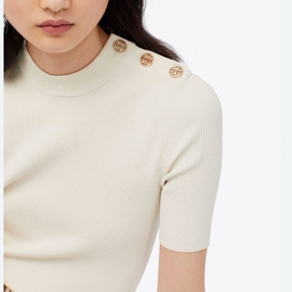 TORY BURCH: White Ribbed Sweater Short-Sleeve Top